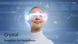  Presentation with asian - Theme featuring cyber technology - young pretty asian woman touching background and a  colored foreground