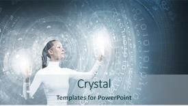 Presentation with hologram - Cool new PPT theme with cyber technology - young pretty asian woman touching backdrop and a light blue colored foreground