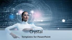  Presentation with white blank notebook silver - Slides having cyber technology - young pretty woman with white background and a light blue colored foreground