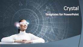  Presentation with white blank notebook silver - Theme featuring cyber technology - young pretty woman with white background and a ocean colored foreground