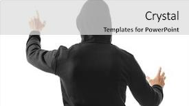  Presentation with hacker white - Slide deck with cyber terrorism - hacker pushing button on virtual background and a light gray colored foreground