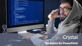  Presentation with server room - Beautiful PPT layouts featuring cyber terrorism - man wearing hoodie hacking server backdrop and a gray colored foreground