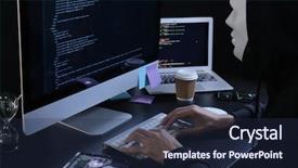  Presentation with server room - PPT layouts featuring cyber terrorism - masked man hacking server background and a navy blue colored foreground