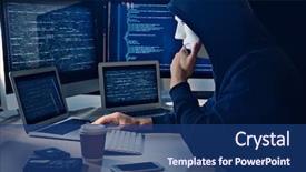  Presentation with server room - Theme having cyber terrorism - masked man hacking server background and a ocean colored foreground