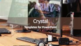  Presentation with computer vision video surveillance - Slide deck consisting of cyber war - table with computers for video background and a  colored foreground