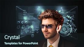  Presentation with futuristic glasses - Theme having cyber world - young man looking with futuristic background and a wine colored foreground