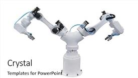  Presentation with robot arm - Beautiful slide deck featuring cybernetic - industrial machine and factory robot backdrop and a white colored foreground