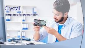  Presentation with hard disk drive - Theme enhanced with cybersecurity - technician with broken hard drive background and a sky blue colored foreground