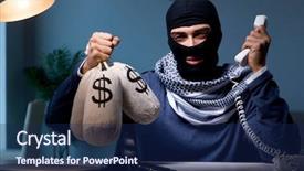  Presentation with money talks - PPT theme having cybersecurity - terrorist asking for money ransom background and a navy blue colored foreground