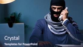  Presentation with gun - Beautiful PPT theme featuring cybersecurity - terrorist burglar with gun working backdrop and a ocean colored foreground