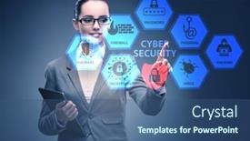  Presentation with cybersecurity - Presentation theme consisting of cybersecurity-concept-with-businesswoman-pressing background and a ocean colored foreground