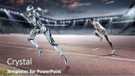  Presentation with silver - Presentation design enhanced with cyborg-silver-running-woman-mixed background and a gray colored foreground