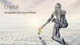  Presentation with knee - PPT theme consisting of cyborg-silver-woman-sitting background and a lemonade colored foreground