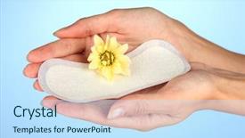  Presentation with sanitary pad - PPT layouts consisting of menstrual cycle - woman's hand holding a daily background and a sky blue colored foreground