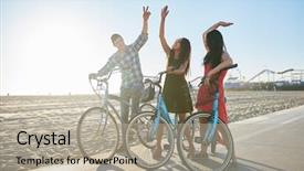  Presentation with bike - Colorful presentation design enhanced with cycleteam - friends on bike doing high backdrop and a mint green colored foreground