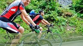  Presentation with mountain bike - Beautiful presentation theme featuring cycleteam - two friends have fun outdoor backdrop and a seafoam green colored foreground