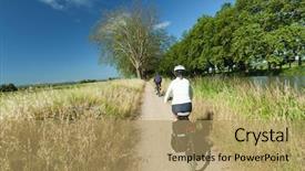  Presentation with triathlon professional cyclist man cycling - PPT layouts enhanced with cycling on path near river background and a coral colored foreground