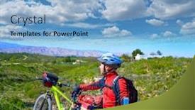 Presentation with cycling - Audience pleasing PPT layouts consisting of cycling tourist mtb cyclist in pedralba valencia with panniers and saddlebag spain backdrop and a light blue colored foreground