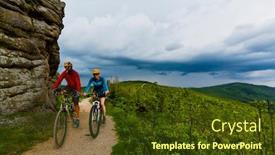  Presentation with woman sport - Colorful slide deck enhanced with cycling-woman-and-men-riding backdrop and a tawny brown colored foreground
