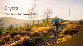  Presentation with cycling - Slides enhanced with cycling woman riding on bike in autumn mountains forest landscape woman cycling mtb flow trail track outdoor sport activity background and a cream colored foreground