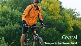  Presentation with mountain bike - PPT theme consisting of cyclist in orange clothes riding the mountain bike on the trail in the beautiful colorful autumn forest background and a tawny brown colored foreground