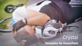  Presentation with cyclist - Beautiful presentation theme featuring cyclist lying on the road and holding his head helmet in foreground backdrop and a gray colored foreground