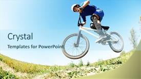  Presentation with cyclist - Colorful theme enhanced with cyclist riding jumping with bicycle backdrop and a sky blue colored foreground