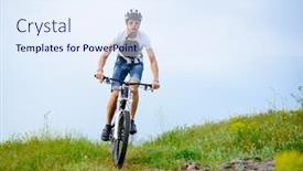  Presentation with mountain bike - Beautiful presentation design featuring cyclist riding the bike on the beautiful spring mountain trail backdrop and a sky blue colored foreground