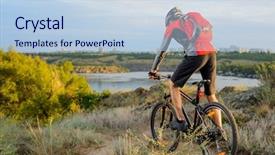  Presentation with mountain bike - Slides having cyclist riding the bike on the beautiful spring mountain trail sport lifestyle concept background and a light blue colored foreground