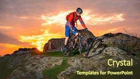  Presentation with mountain bike - Slide set with cyclist riding the mountain bike on the spring rocky trail at beautiful sunset extreme sports and adventure concept background and a tawny brown colored foreground