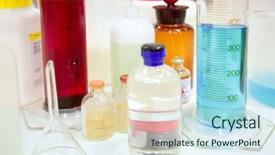  Presentation with laboratory chemical - Presentation theme having cylinder vases colorful liquids chemical background and a sky blue colored foreground