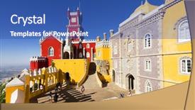  Presentation with europe - PPT theme featuring tourism lisbon - palacio da pena - sintra background and a ocean colored foreground