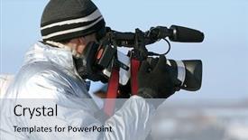  Presentation with journalist - Audience pleasing theme consisting of dacumantary - journalist with a camera backdrop and a light blue colored foreground