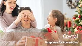  Presentation with merry christmas - Beautiful slides featuring dad and child exchanging gifts backdrop and a coral colored foreground