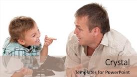  Presentation with family playing board game - Slide set consisting of dad and son holding joysticks background and a coral colored foreground