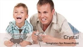  Presentation with family playing board game - Beautiful slide deck featuring dad and son holding joysticks backdrop and a coral colored foreground
