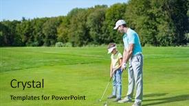  Presentation with golf - Audience pleasing presentation design consisting of dad and son playing golf backdrop and a yellow colored foreground