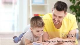  Presentation with kids reading book - Amazing slide set having dad and son reading interesting backdrop and a coral colored foreground