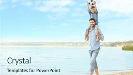  Presentation with beach ball sand dunes - Amazing PPT theme having dad and son with soccer backdrop and a sky blue colored foreground