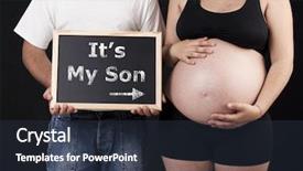  Presentation with mom - Slide deck with dad holding a chalkboard with the words it's my son and pointing to mom's belly background and a tawny brown colored foreground