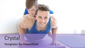  Presentation with children doing kids gym - Amazing PPT theme having dad and son doing push backdrop and a light blue colored foreground