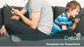  Presentation with walkie talkie - PPT theme featuring dad-talking-with-his-son background and a ocean colored foreground