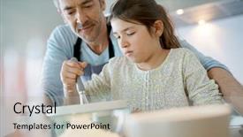  Presentation with baking cake - Slide set with daddy with daughter baking cake together in home kitchen background and a light gray colored foreground