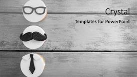  Presentation with wooden board empty table top - Beautiful theme featuring dads tie - delicious creative cupcakes on wooden backdrop and a light gray colored foreground
