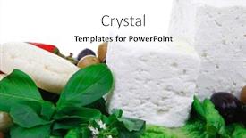  Presentation with olive green - Cool new slide deck with dairy food feta white cheese cubes and round served on wooden cut plate with green leaves and olive oil isolated over white background backdrop and a white colored foreground