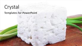  Presentation with dairy - Colorful PPT theme enhanced with dairy food feta white cheese cubes over small cut wooden plate isolated over white background backdrop and a white colored foreground