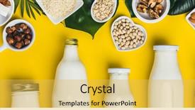  Presentation with milk dairy - PPT theme consisting of dairy free milk substitute drinks background and a yellow colored foreground