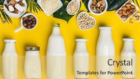  Presentation with milk dairy - Slide set with dairy free milk substitute drinks background and a yellow colored foreground
