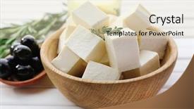  Presentation with feta cheese - Colorful theme enhanced with dairy goat - feta cheese on table backdrop and a soft green colored foreground