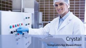  Presentation with factory machine - Amazing PPT theme having food equipment - smiling biologist using the machine backdrop and a  colored foreground